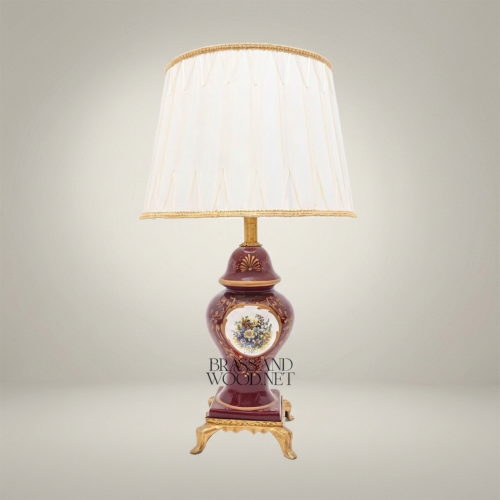 Classical Baroque Wine Ceramic Table Lamp Hand-Painted Medallion Ornate Brass Footed Base Pleated Shade Brass and Wood Antique Gold Front | Brass & Wood