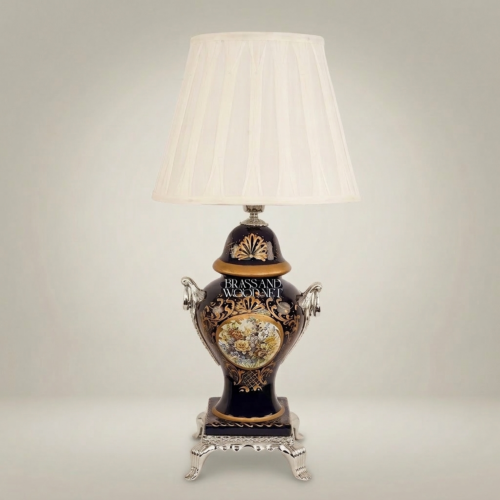 Classical Baroque Navy Blue Ceramic Urn Table Lamp Floral Medallion Sculpted Handles Ivory Pleated Shade Brass and Wood Silver Front | Brass & Wood