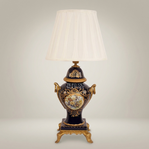 Classical Baroque Navy Blue Ceramic Urn Table Lamp Floral Medallion Sculpted Handles Ivory Pleated Shade Brass and Wood Antique Gold Front | Brass & Wood