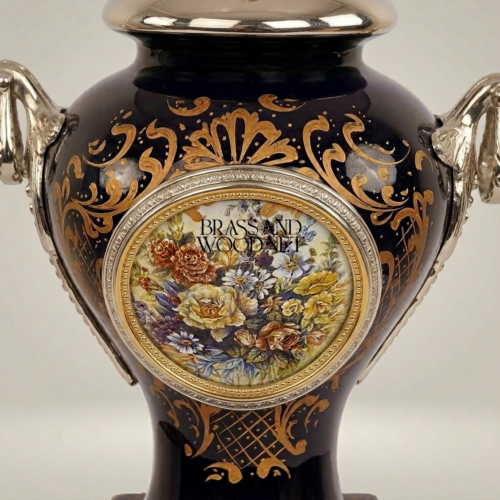 Classical Baroque Navy Blue Ceramic Urn Table Lamp Floral Medallion Sculpted Handles Ivory Pleated Shade Brass and Wood Gold Front | Brass & Wood