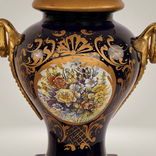 Classical Baroque Navy Blue Ceramic Urn Table Lamp Floral Medallion Sculpted Handles Ivory Pleated Shade Brass and Wood Antique Gold Front | Brass & Wood