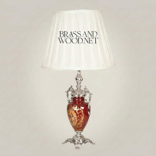 Classical Baroque Ceramic Urn Table Lamp Hand-Painted Floral Brass Base White Pleated Shade Brass and Wood Silver Front | Brass & Wood
