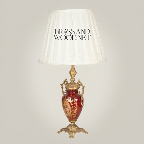 Classical Baroque Ceramic Urn Table Lamp Hand-Painted Floral Brass Base White Pleated Shade Brass and Wood Antique Gold Front | Brass & Wood