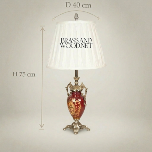 Classical Baroque Ceramic Urn Table Lamp Hand-Painted Floral Brass Base White Pleated Shade Brass and Wood Silver Front | Brass & Wood