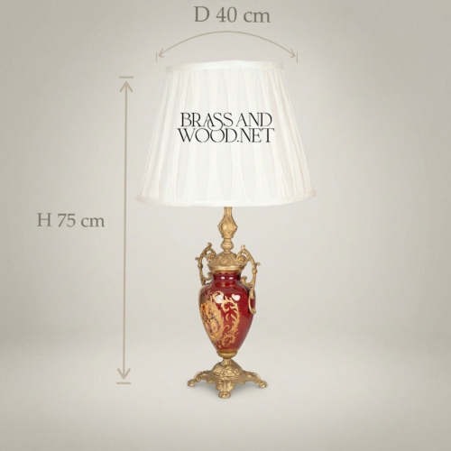 Classical Baroque Ceramic Urn Table Lamp Hand-Painted Floral Brass Base White Pleated Shade Brass and Wood Antique Gold Front | Brass & Wood