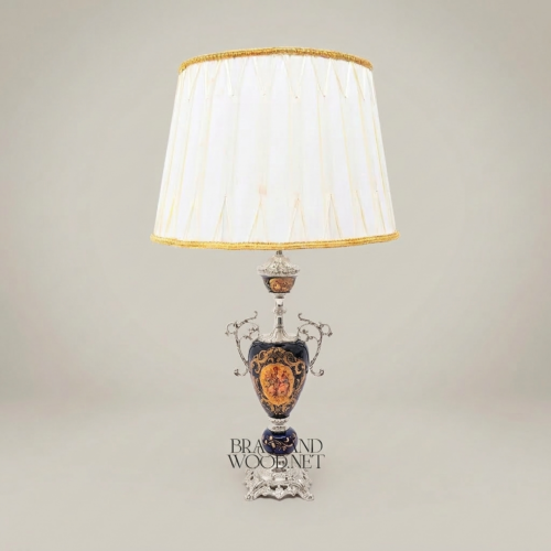 Classical Baroque Ceramic Urn Table Lamp Navy Blue Hand-Painted Medallion Brass Ornate Silver Front | Brass & Wood