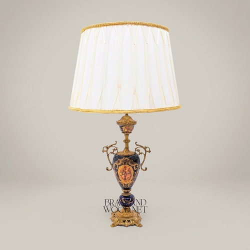 Classical Baroque Ceramic Urn Table Lamp Navy Blue Hand-Painted Medallion Brass Ornate Antique Gold Front | Brass & Wood