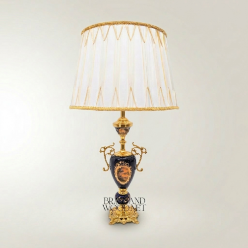 Classical Baroque Ceramic Urn Table Lamp Navy Blue Hand-Painted Medallion Brass Ornate Gold Front | Brass & Wood