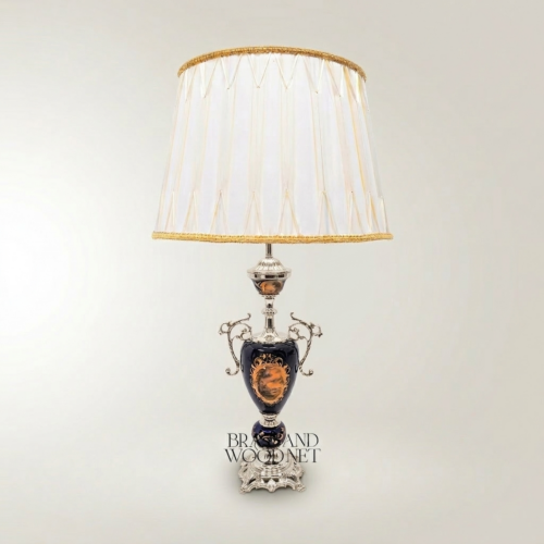 Classical Baroque Ceramic Urn Table Lamp Navy Blue Hand-Painted Medallion Brass Ornate Silver Front | Brass & Wood
