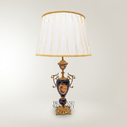 Classical Baroque Ceramic Urn Table Lamp Navy Blue Hand-Painted Medallion Brass Ornate Antique Gold Front | Brass & Wood