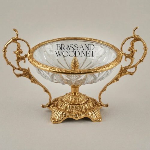 Classical Baroque Handcrafted Crystal Candy Bowl Ornate Brass Scrollwork Pedestal Stand Gold Front | Brass & Wood
