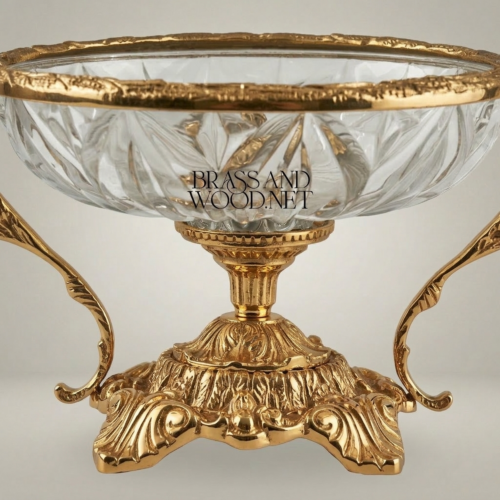 Classical Baroque Handcrafted Crystal Candy Bowl Ornate Brass Scrollwork Pedestal Stand Gold Front | Brass & Wood