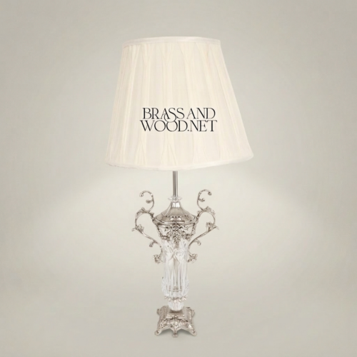 Classical Baroque Crystal Brass Table Lamp Ornate Scrollwork Urn Base White Fabric Shade Brass and Wood Silver Front | Brass & Wood