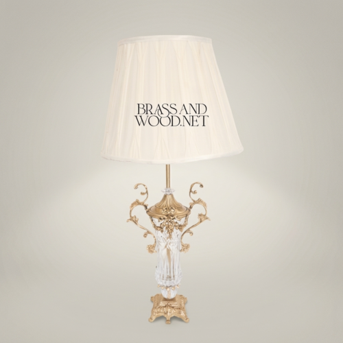 Classical Baroque Crystal Brass Table Lamp Ornate Scrollwork Urn Base White Fabric Shade Brass and Wood Antique Gold Front | Brass & Wood