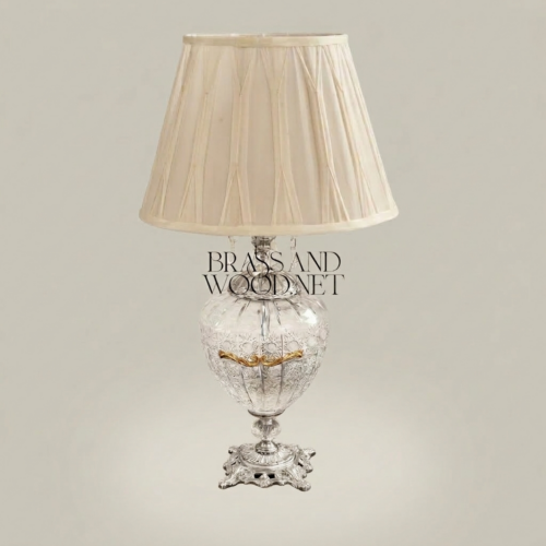 Classical Baroque Engraved Crystal Globe Brass Table Lamp with Cream Fabric Shade - Brass and Wood Silver Front | Brass & Wood