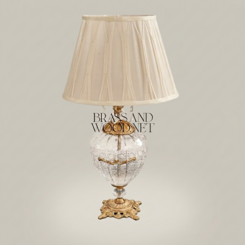 Classical Baroque Engraved Crystal Globe Brass Table Lamp with Cream Fabric Shade - Brass and Wood Antique Gold Front | Brass & Wood