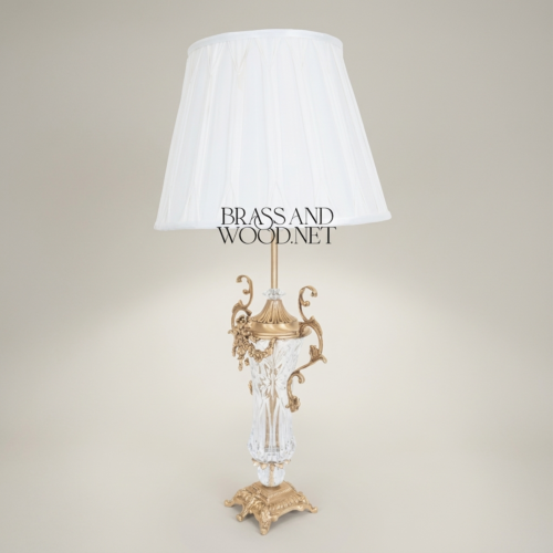 Classical Baroque Crystal Brass Table Lamp Ornate Scrollwork Urn Base White Fabric Shade Brass and Wood Antique Gold Front | Brass & Wood