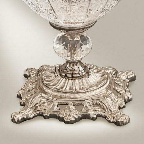 Classical Baroque Engraved Crystal Globe Brass Table Lamp with Cream Fabric Shade - Brass and Wood Silver Front | Brass & Wood
