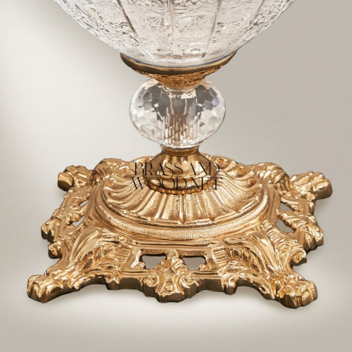 Classical Baroque Engraved Crystal Globe Brass Table Lamp with Cream Fabric Shade - Brass and Wood Antique Gold Front | Brass & Wood