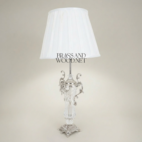 Classical Baroque Crystal Brass Table Lamp Ornate Scrollwork Urn Base White Fabric Shade Brass and Wood Silver Front | Brass & Wood