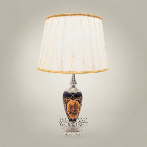 Classical Baroque Hand-Painted Navy Blue Ceramic Table Lamp Ornate Brass Base Off-White Pleated Shade Brass and Wood Silver Front | Brass & Wood