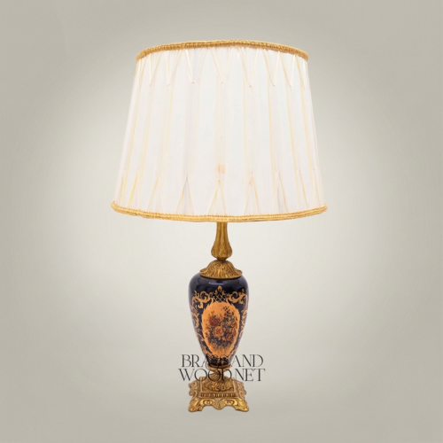 Classical Baroque Hand-Painted Navy Blue Ceramic Table Lamp Ornate Brass Base Off-White Pleated Shade Brass and Wood Antique Gold Front | Brass & Wood