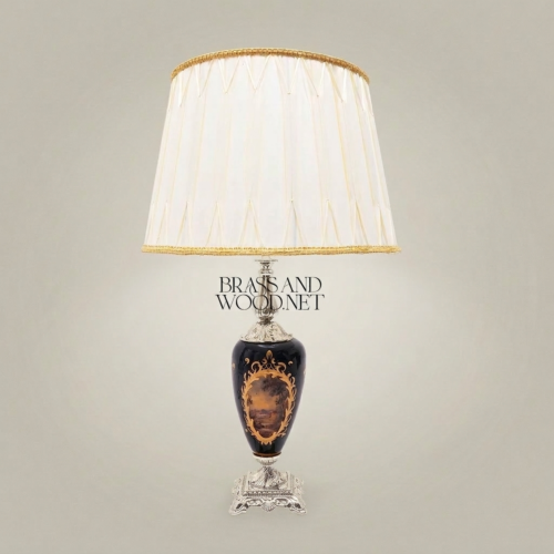 Classical Baroque Hand-Painted Navy Blue Ceramic Table Lamp Ornate Brass Base Off-White Pleated Shade Brass and Wood Silver Front | Brass & Wood