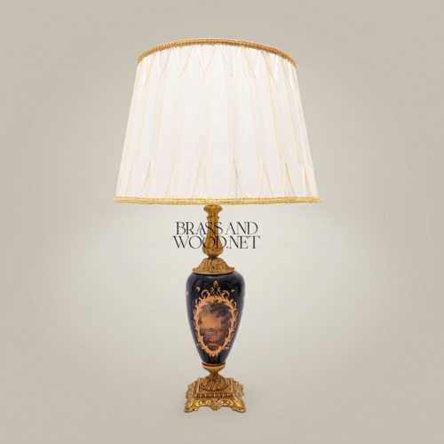 Classical Baroque Hand-Painted Navy Blue Ceramic Table Lamp Ornate Brass Base Off-White Pleated Shade Brass and Wood Antique Gold Front | Brass & Wood