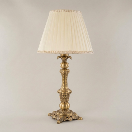 Classical Baroque Ornate Candlestick Table Lamp with Cream Pleated Fabric Shade Brass & Wood Antique Gold Front | Brass & Wood