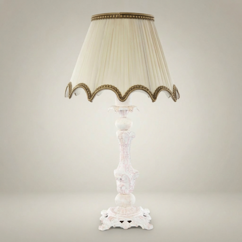 Classical Baroque Ornate Candlestick Table Lamp with Cream Pleated Fabric Shade Brass & Wood Antique Gold Front | Brass & Wood