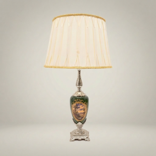 Classical Brass Ceramic Hand-Painted Scenic Urn Table Lamp Cream Pleated Shade Silver Front | Brass & Wood