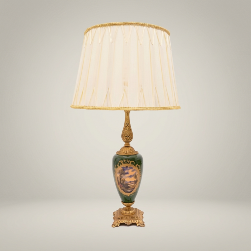 Classical Brass Ceramic Hand-Painted Scenic Urn Table Lamp Cream Pleated Shade Antique Gold Front | Brass & Wood
