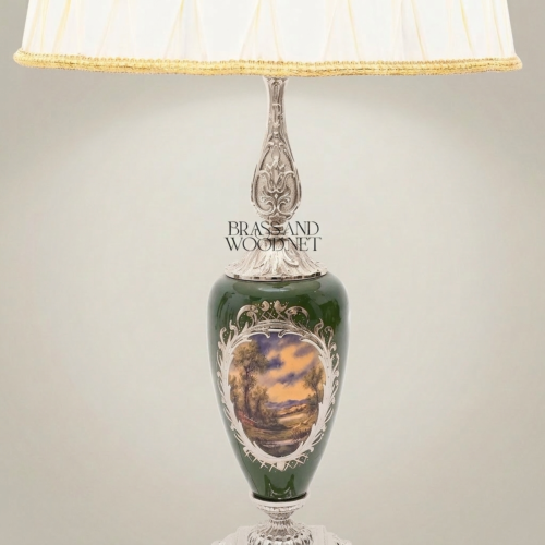 Classical Brass Ceramic Hand-Painted Scenic Urn Table Lamp Cream Pleated Shade Silver Front | Brass & Wood
