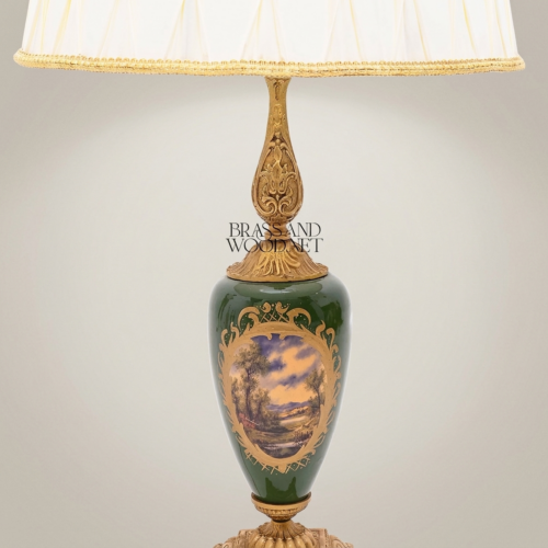 Classical Brass Ceramic Hand-Painted Scenic Urn Table Lamp Cream Pleated Shade Antique Gold Front | Brass & Wood