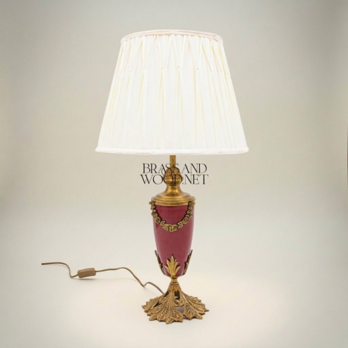 Classical Brass Ceramic Urn Table Lamp Acanthus Leaf Base Floral Garland Off-White Pleated Shade antique Front | Brass & Wood