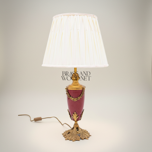 Classical Brass Ceramic Urn Table Lamp Acanthus Leaf Base Floral Garland Off-White Pleated Shade Gold Front | Brass & Wood