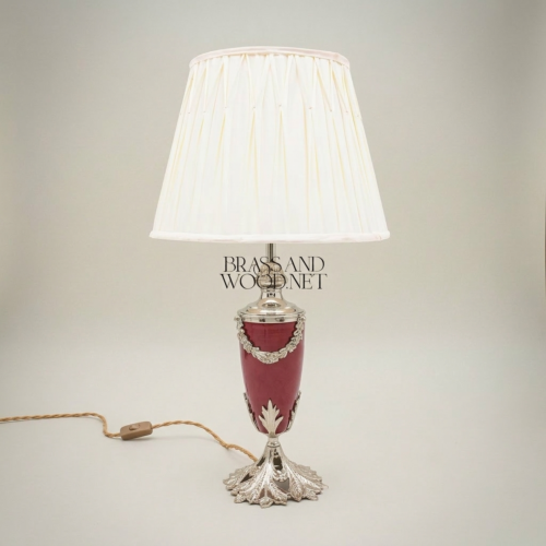 Classical Brass Ceramic Urn Table Lamp Acanthus Leaf Base Floral Garland Off-White Pleated Shade Silver Front | Brass & Wood