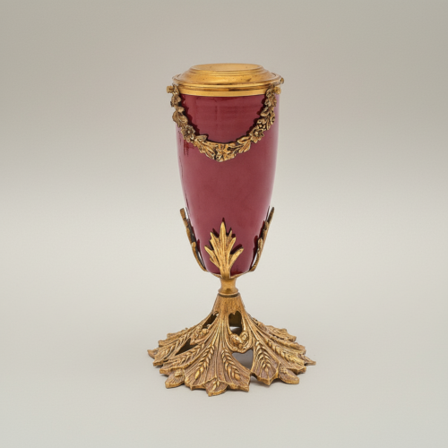 Classical Brass Ceramic Urn Table Lamp Acanthus Leaf Base Floral Garland Off-White Pleated Shade Gold Front | Brass & Wood
