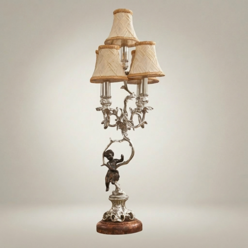 Classical Brass Cherub Figurine 3-Arm Candelabra Table Lamp with Cream Woven Shades and Marble Base Silver Front | Brass & Wood