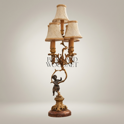 Classical Brass Cherub Figurine 3-Arm Candelabra Table Lamp with Cream Woven Shades and Marble Base Antique Gold Front | Brass & Wood