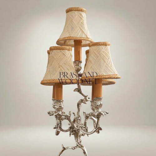 Classical Brass Cherub Figurine 3-Arm Candelabra Table Lamp with Cream Woven Shades and Marble Base Silver Front | Brass & Wood