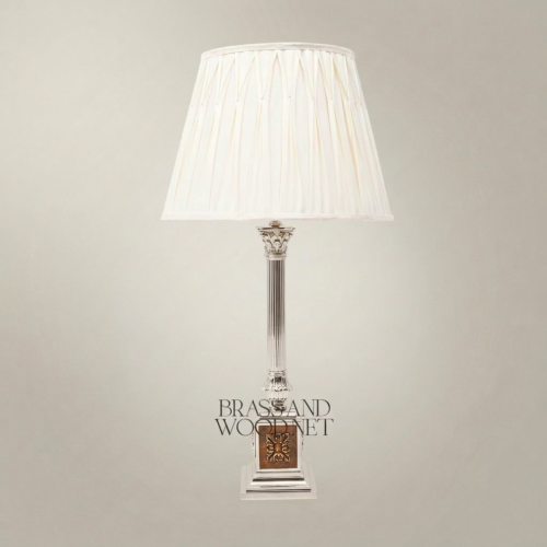 Classical Brass Fluted Column Table Lamp Ornate Square Base Ivory Pleated Shade Silver Front | Brass & Wood