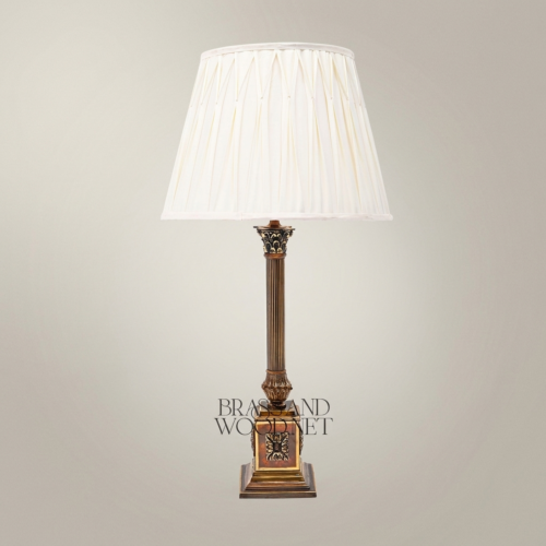 Classical Brass Fluted Column Table Lamp Ornate Square Base Ivory Pleated Shade Antique Gold Front | Brass & Wood
