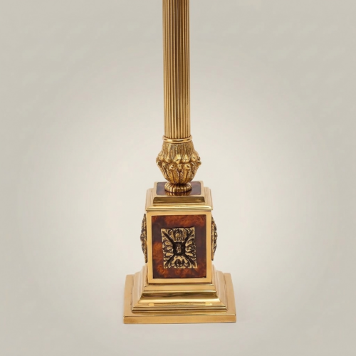Classical Brass Fluted Column Table Lamp Ornate Square Base Ivory Pleated Shade Gold Front | Brass & Wood