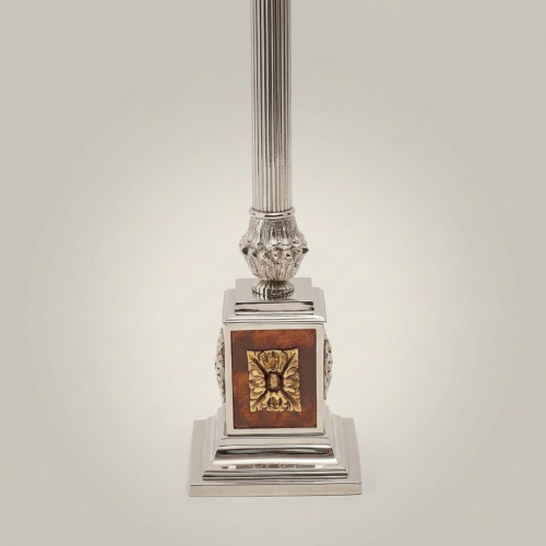 Classical Brass Fluted Column Table Lamp Ornate Square Base Ivory Pleated Shade Silver Front | Brass & Wood