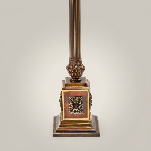 Classical Brass Fluted Column Table Lamp Ornate Square Base Ivory Pleated Shade Antique Gold Front | Brass & Wood