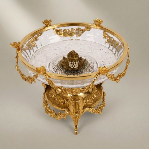 Classical Brass Crystal Pedestal Bonbonniere Floral Garland Sculptural Four-Footed Stand Brass and Wood Gold Front | Brass & Wood