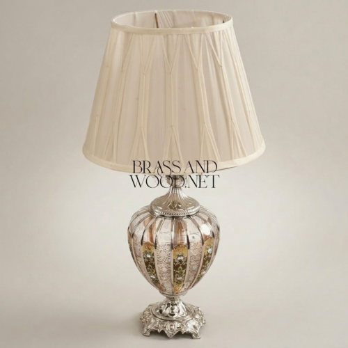 Classical Brass Crystal Table Lamp Hand-Painted Floral Urn Base Ivory Shade Brass and Wood Silver Front | Brass & Wood