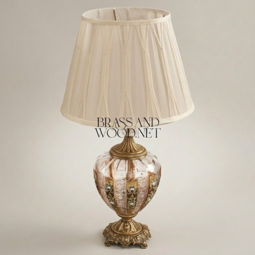 Classical Brass Crystal Table Lamp Hand-Painted Floral Urn Base Ivory Shade Brass and Wood Antique Gold Front | Brass & Wood