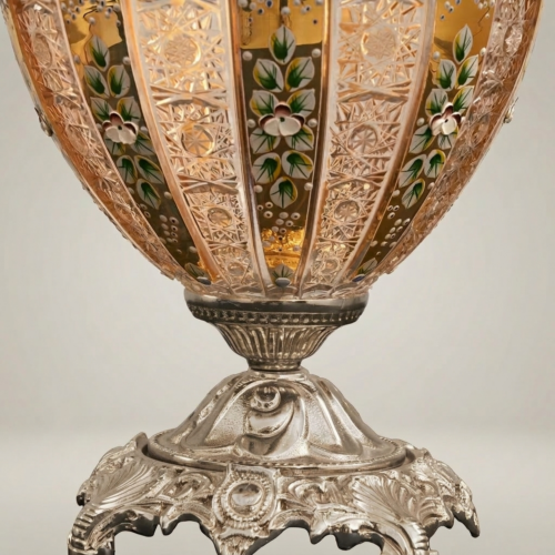 Classical Brass Crystal Table Lamp Hand-Painted Floral Urn Base Ivory Shade Brass and Wood Silver Front | Brass & Wood